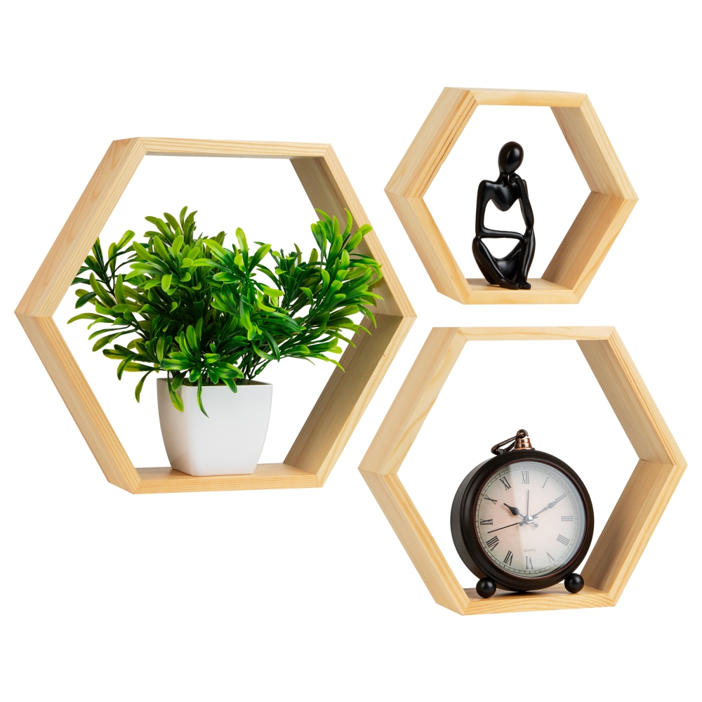 Mind Reader Hexagon Floating Shelves, Brown, Set Of
