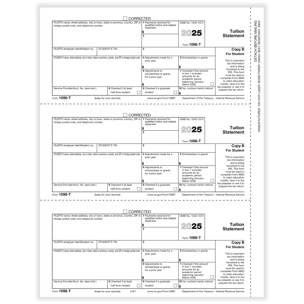 ComplyRight® 1098-T Tax Forms, 3-Up, Student Copy B,