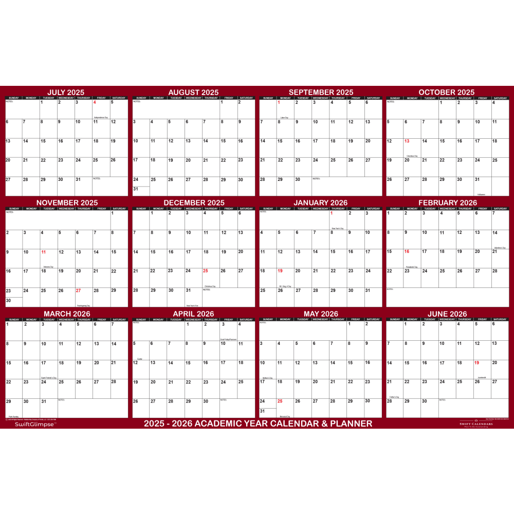 2025-2026 SwiftGlimpse Academic Erasable Monthly Wall Calendar,