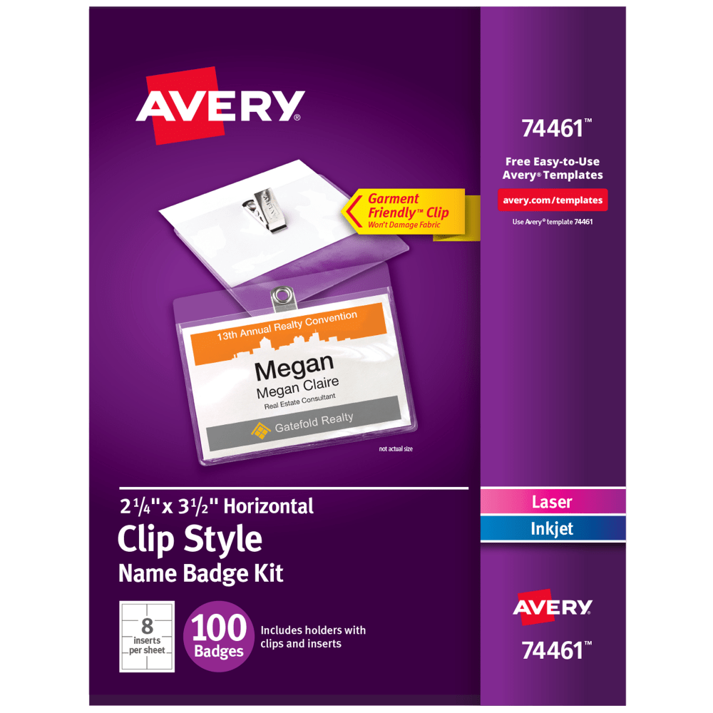 Avery® Customizable Name Badges With Clips, Rectangle, 74461,