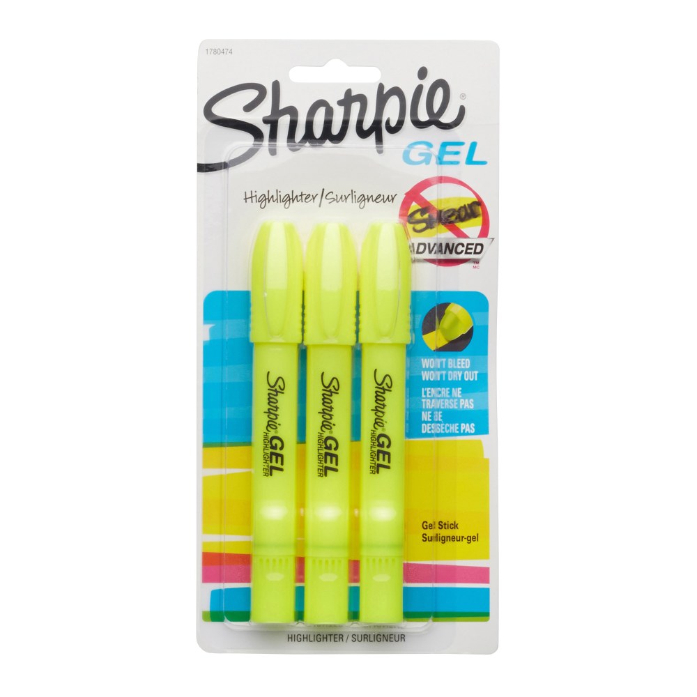 Sharpie® Gel Highlighters, Bullet Tip, Fluorescent Yellow, 3