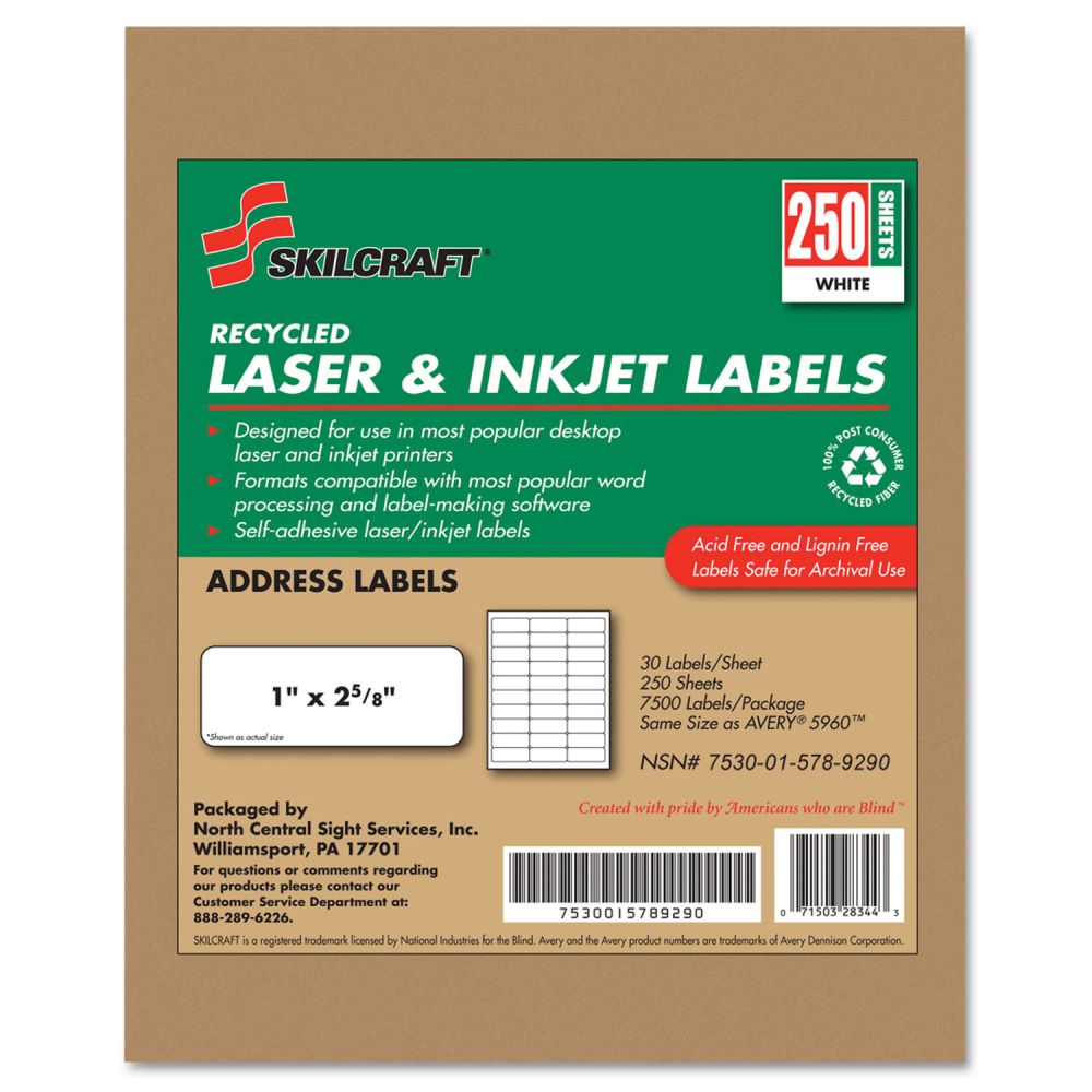 SKILCRAFT® 100% Recycled Inkjet/Laser Address Labels, Rectangle,