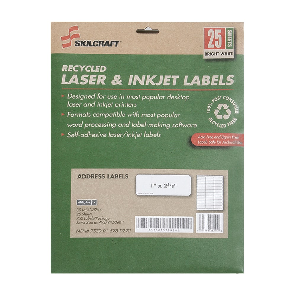 SKILCRAFT® 100% Recycled Inkjet/Laser Address Labels, Rectangle,