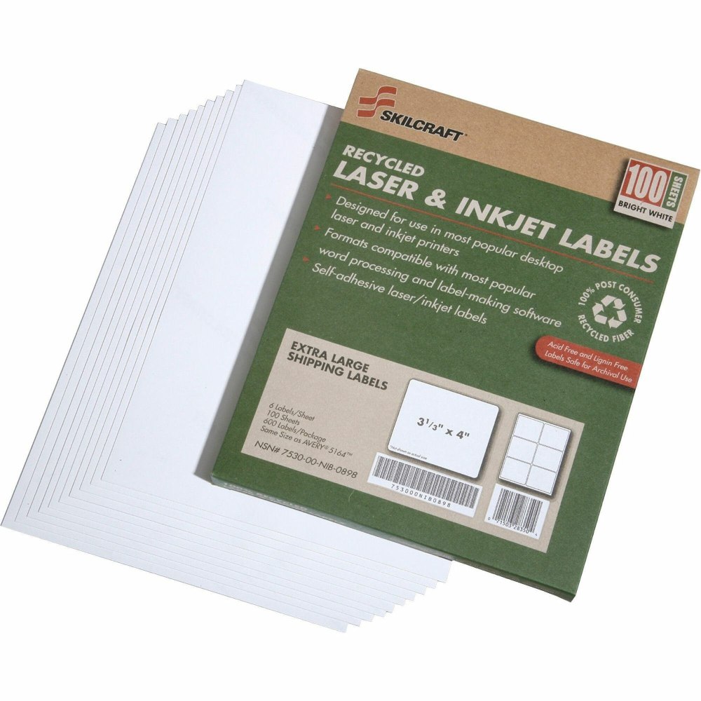 SKILCRAFT® 100% Recycled Inkjet/Laser Shipping Labels, Rectangle,