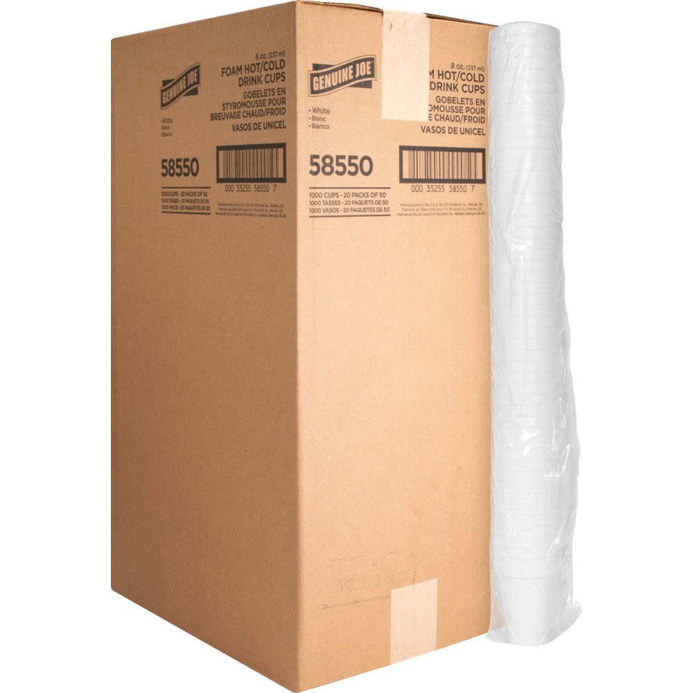 Genuine Joe Hot/Cold Foam Cups, 8 Oz, White,