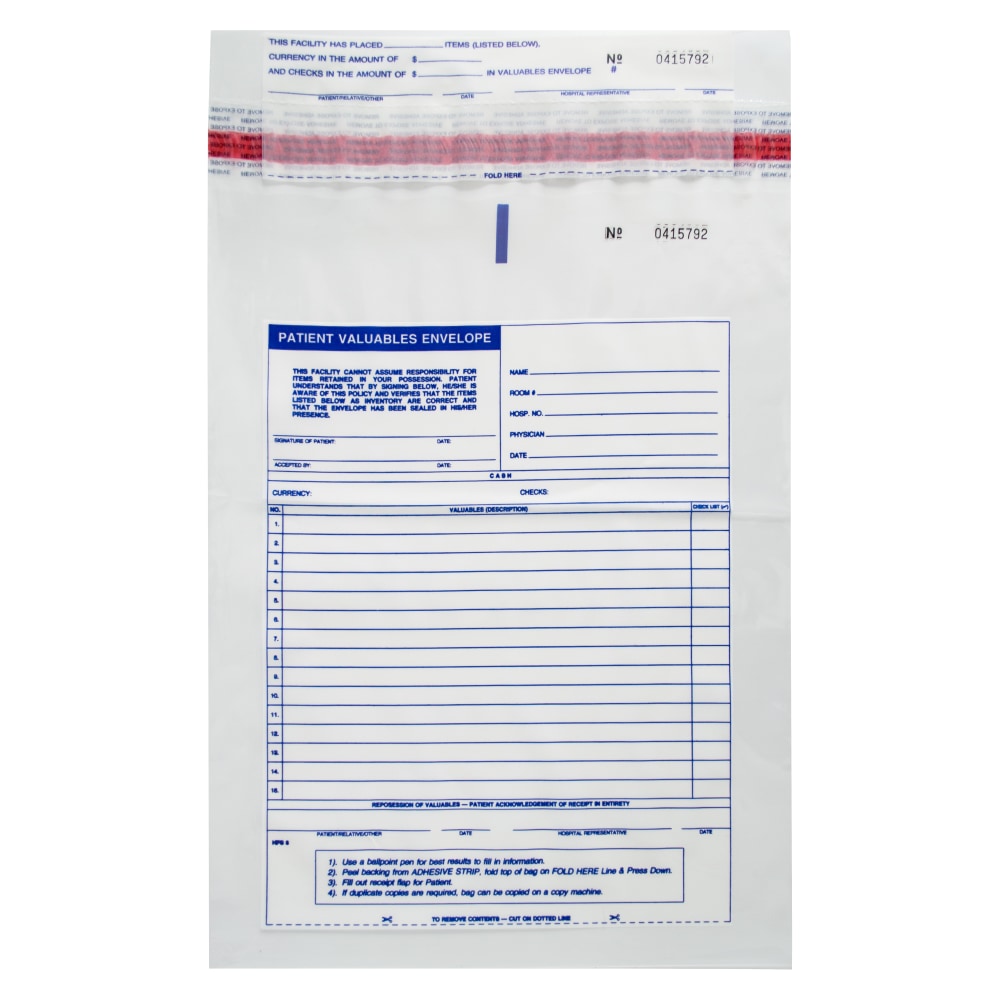 Patient Valuables Form And Plastic Bag, Tamper Evident,