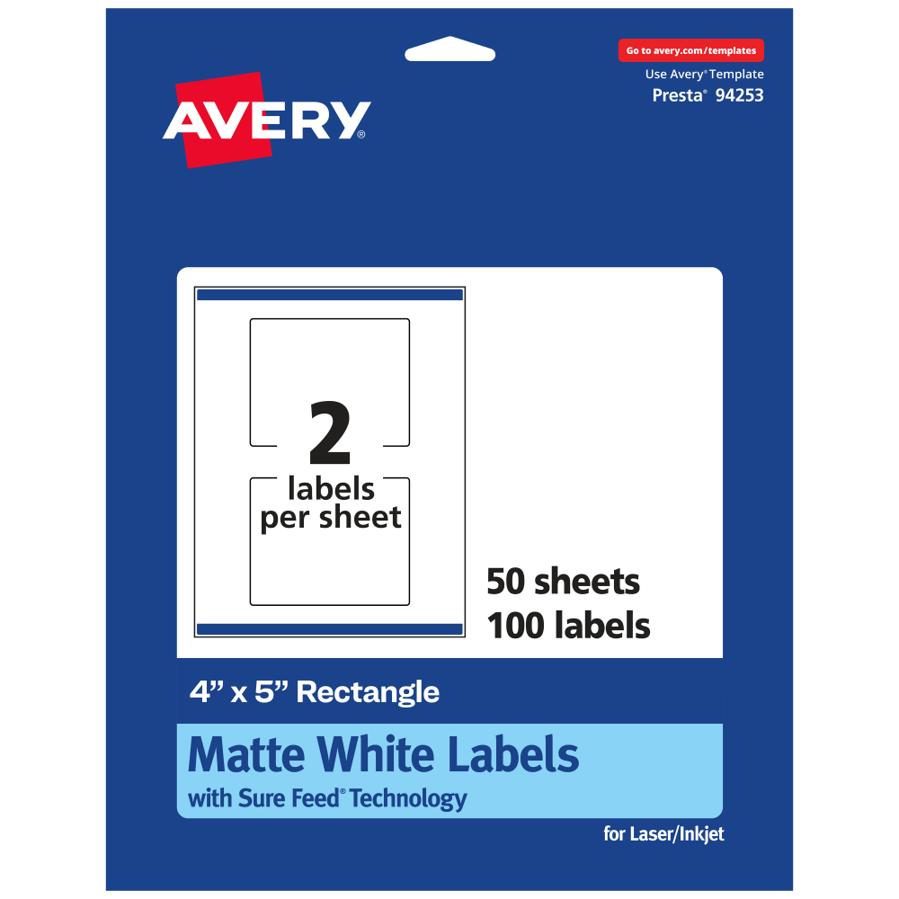 Avery® Permanent Labels With Sure Feed®, 94253-WMP50, Rectangle,