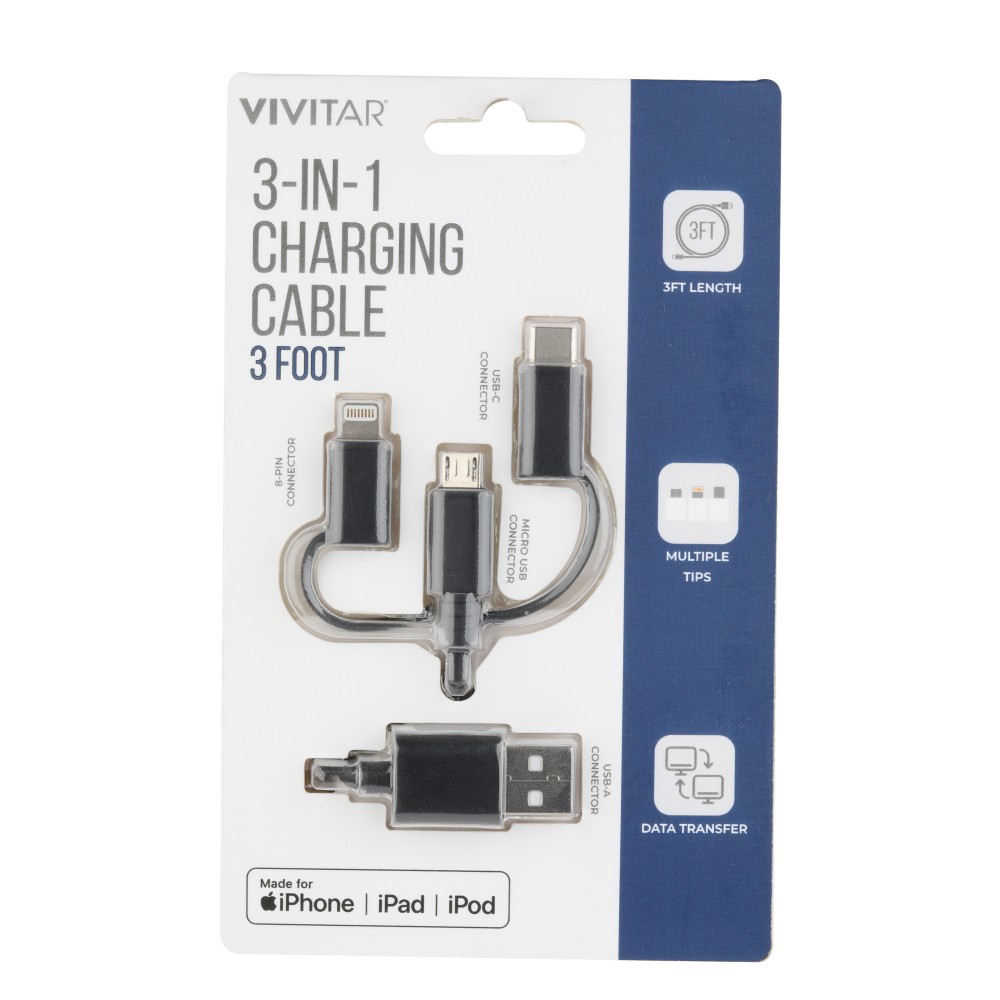 Vivitar 3-in-1 Charging Cable, 3&#x27;, Black, NIL2001-BLK-STK-24