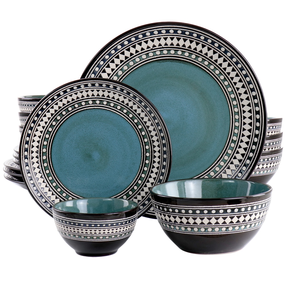 Elama Double Bowl Stoneware Dinnerware Set, Blue Sage,