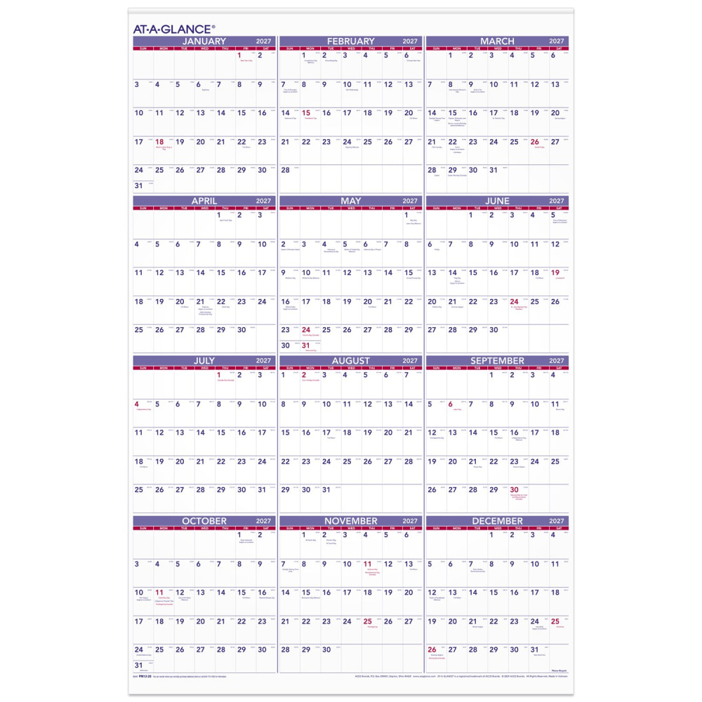 AT-A-GLANCE® 2027 Yearly Wall Calendar, Extra Large, 24"