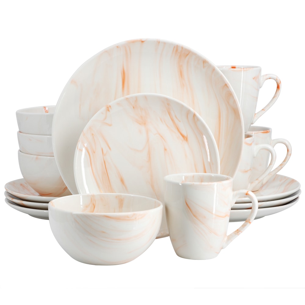 Elama Fine Marble 16-Piece Porcelain Dinnerware Set, Orange