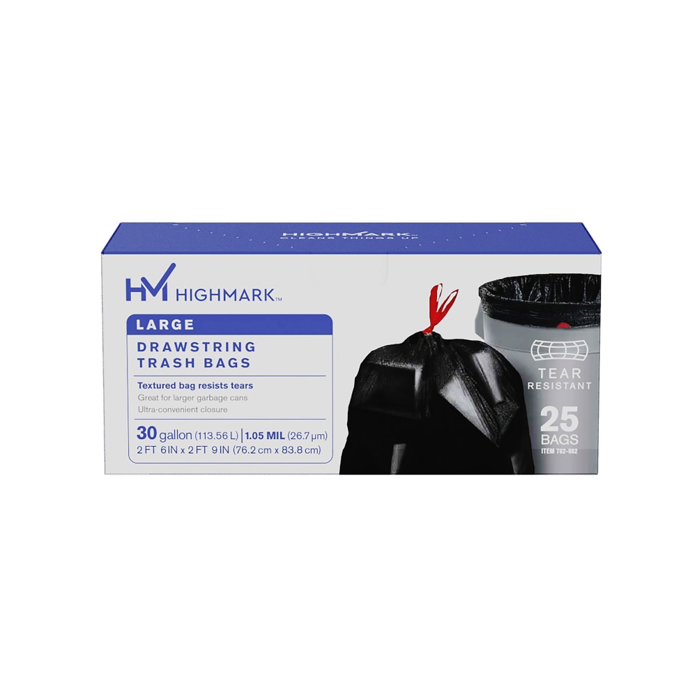 Highmark™ Large Drawstring Trash Bags, 30 Gallon, Black,