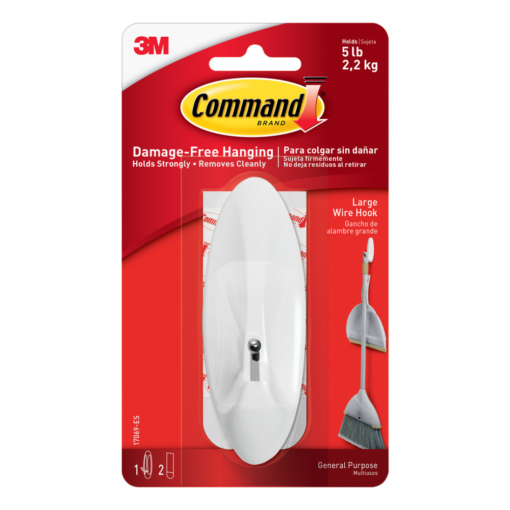 Command Large Wire Hook - Gancio In Metallo Con Strisce Adesive - Confezione Da 3 - Capacità 2,3 Kg - Bianco