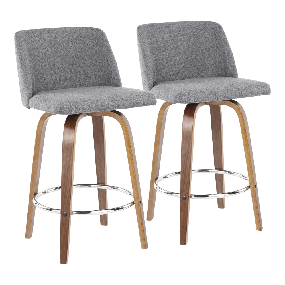 LumiSource Toriano Counter Stools, Walnut/Gray/Chrome, Set Of 2