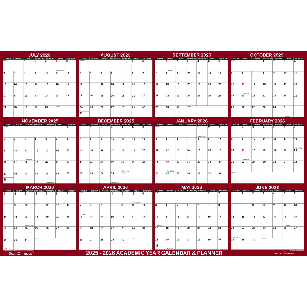 2025-2026 SwiftGlimpse Academic Erasable Monthly Wall Calendar,