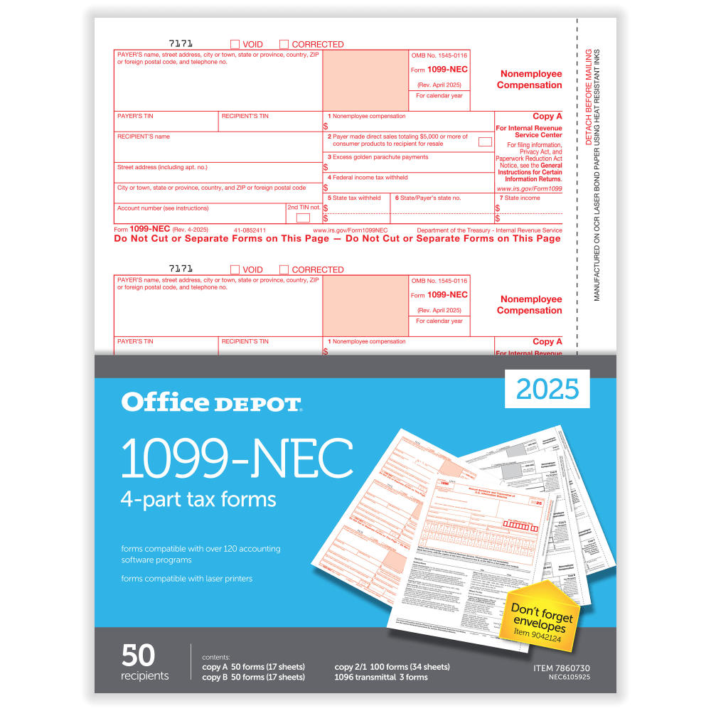Office Depot® 1099-NEC Laser Tax Forms, 4-Part, 3-Up,