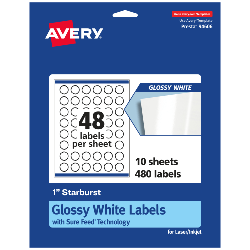 Avery® Glossy Permanent Labels With Sure Feed®, 94606-WGP10,