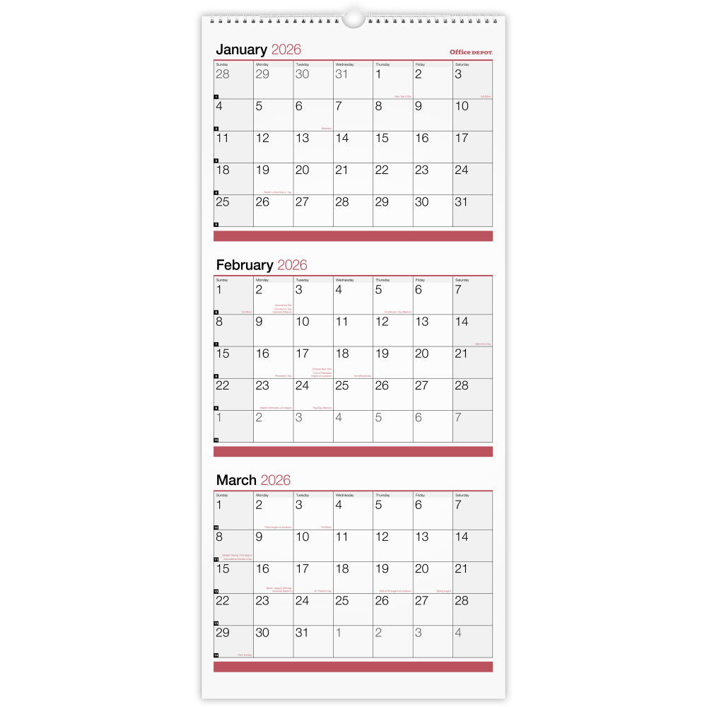Office Depot Brand 3-Month Monthly Wall Calendar, 12"