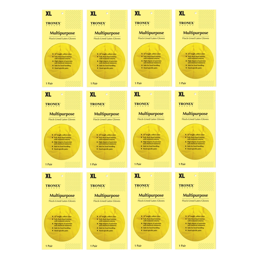 Tronex Multipurpose Flock-Lined Latex Gloves, X-Large, Yellow, 24