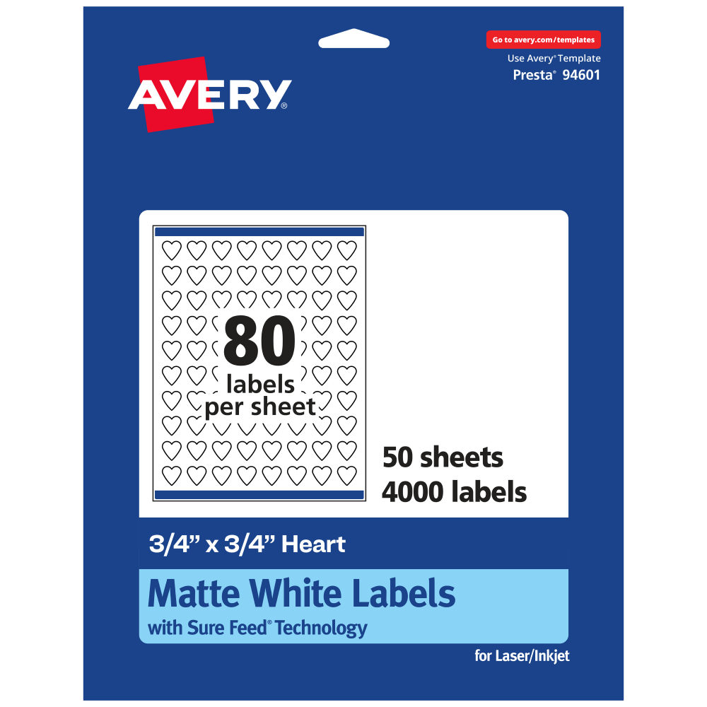 Avery® Permanent Labels With Sure Feed®, 94601-WMP50, Heart,