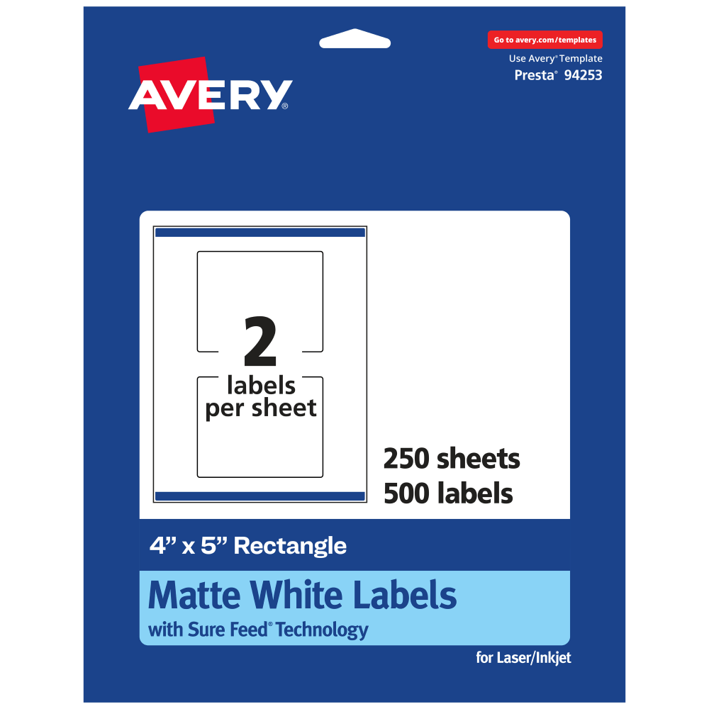 Avery® Permanent Labels With Sure Feed®, 94253-WMP250, Rectangle,