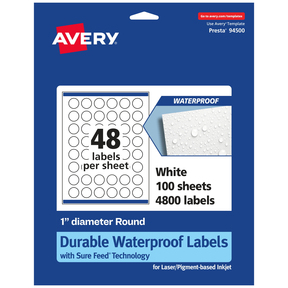 Avery® Waterproof Permanent Labels With Sure Feed®, 94500-WMF100,