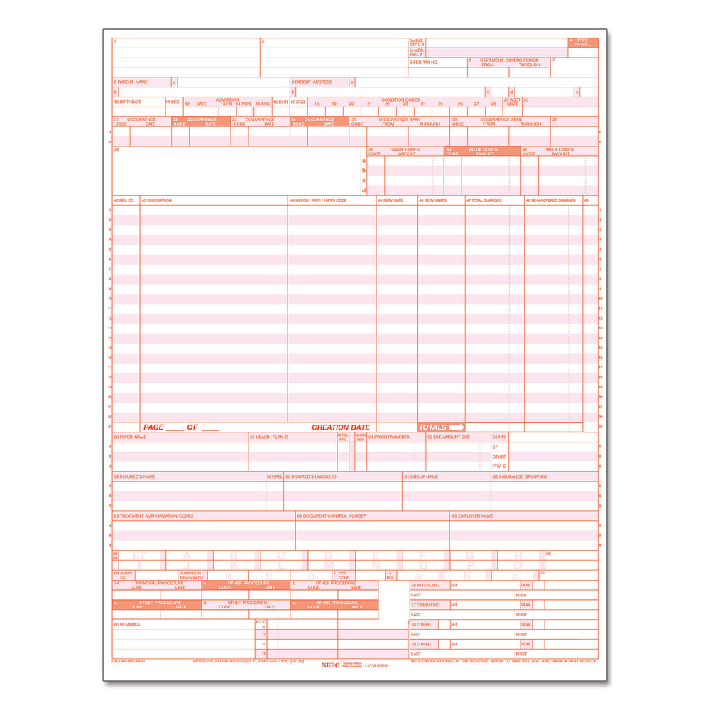 ComplyRight UB04 Hospital Claim Laser Cut Forms, 1-Part,