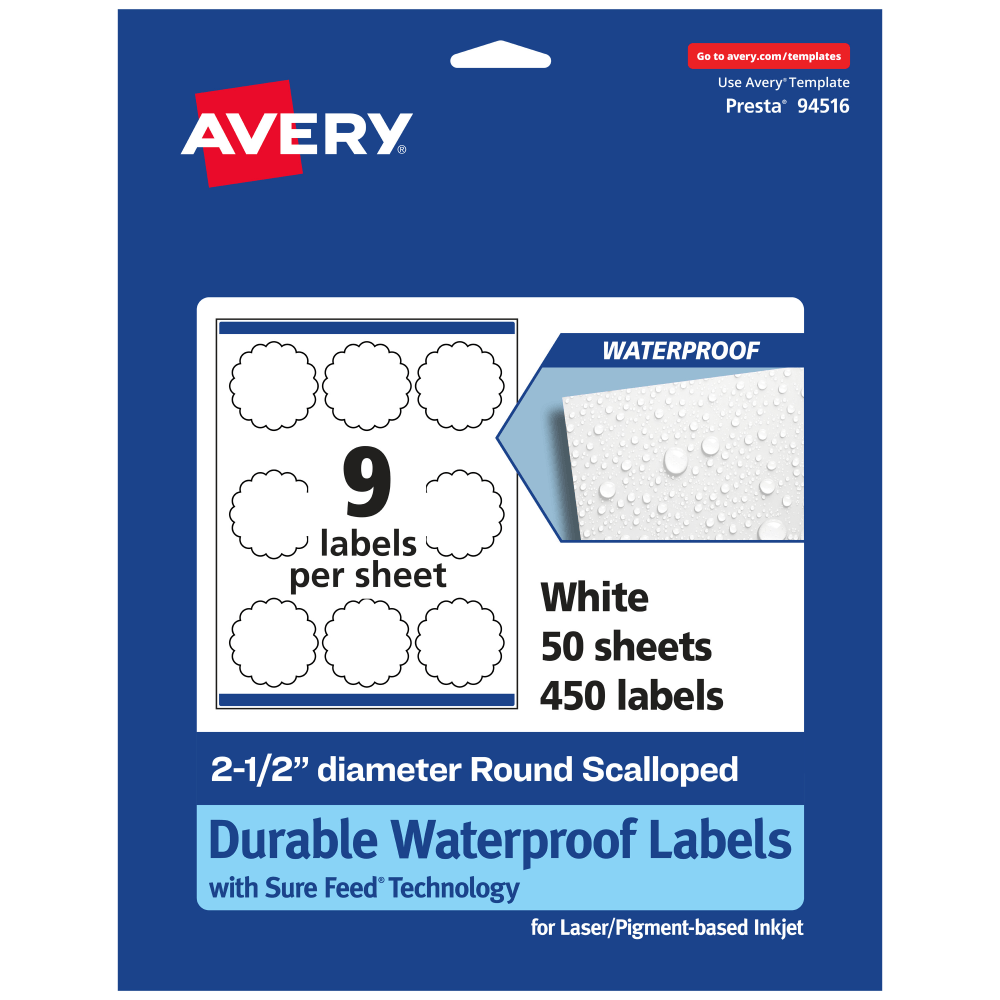 Avery® Waterproof Permanent Labels With Sure Feed®, 94516-WMF50,