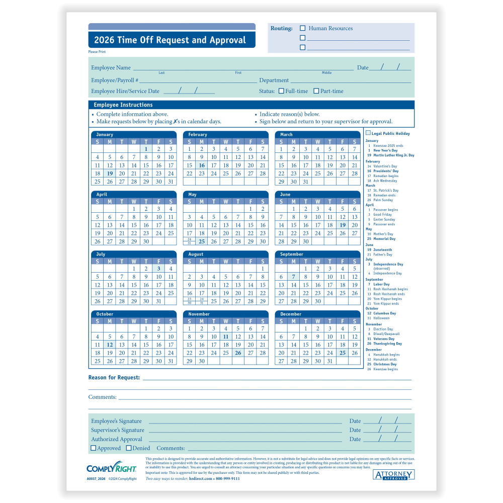 ComplyRight® 2026 Time Off Request And Approval Calendars,