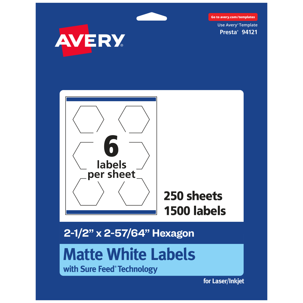 Avery® Permanent Labels With Sure Feed®, 94121-WMP250, Hexagon,
