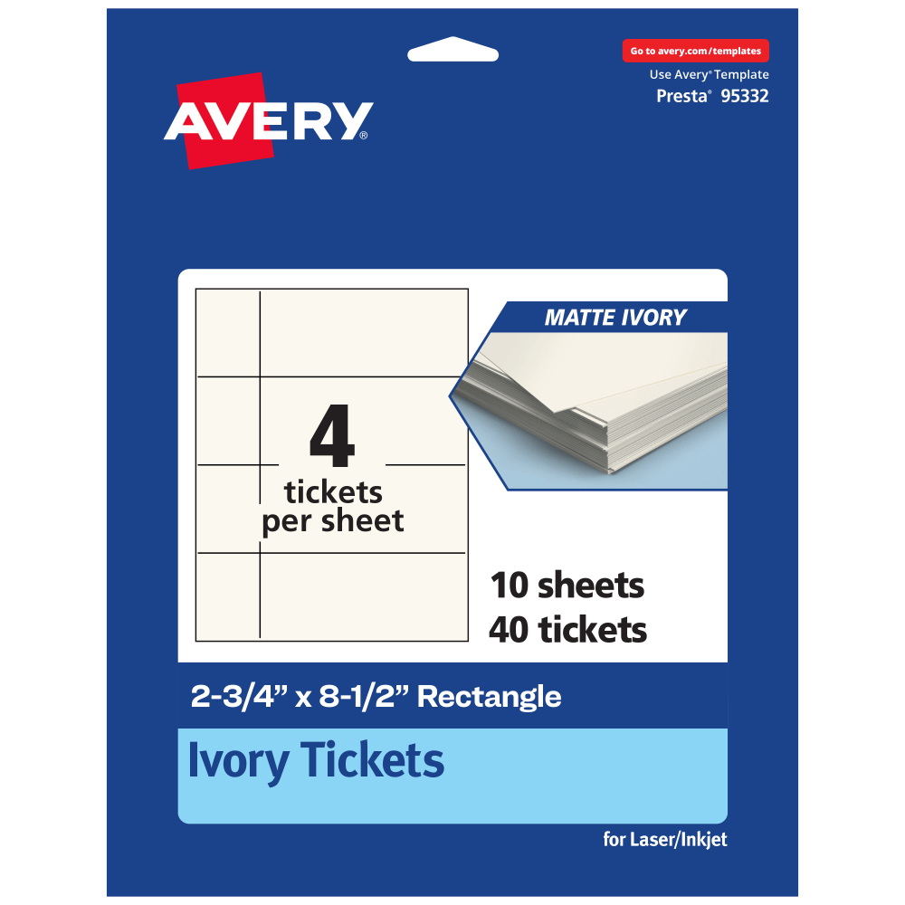 Avery® Printable Tickets, 2.75"x8.5", Matte Ivory, Pack