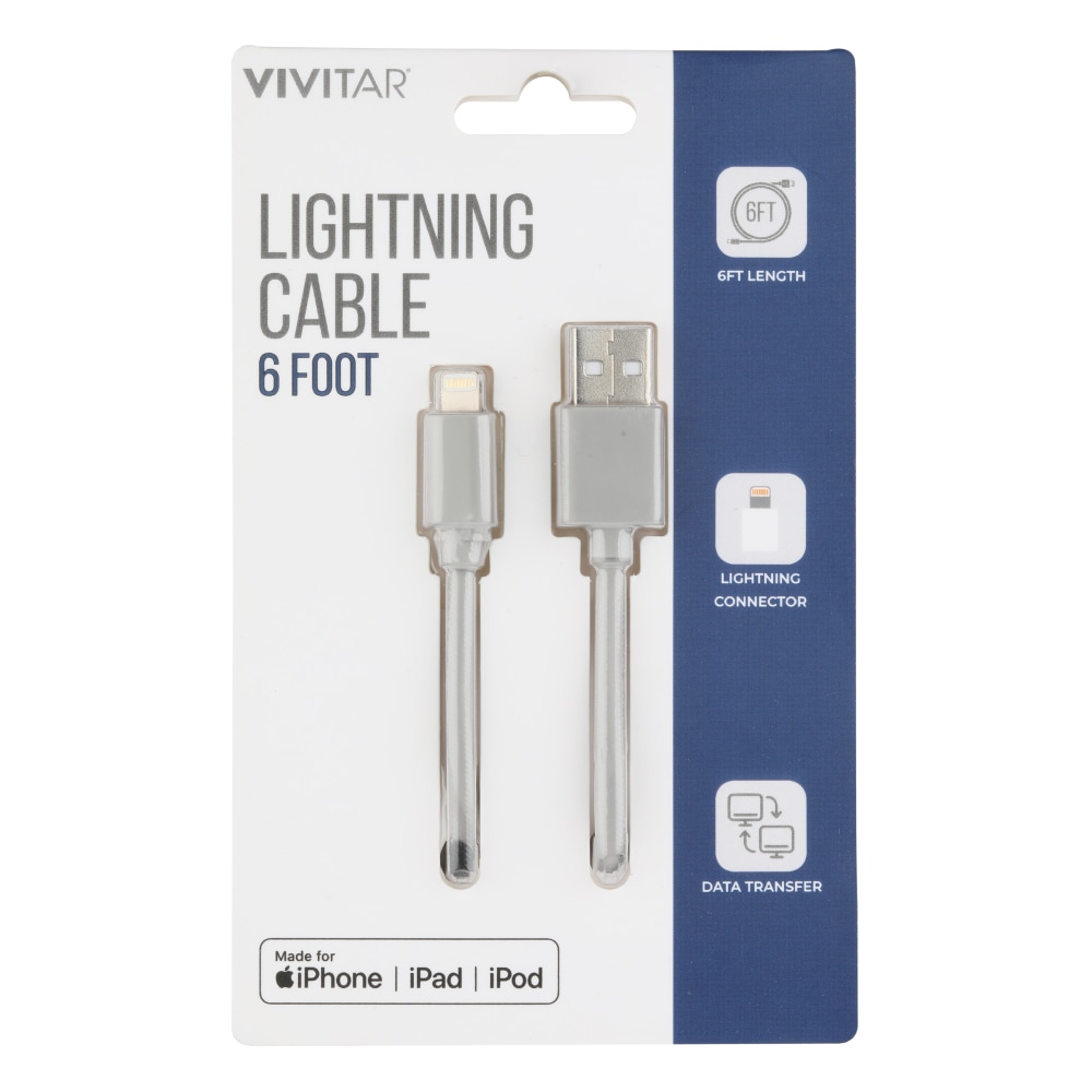 Vivitar Lightning To USB-A Cable, 6&#x27;, Gray,