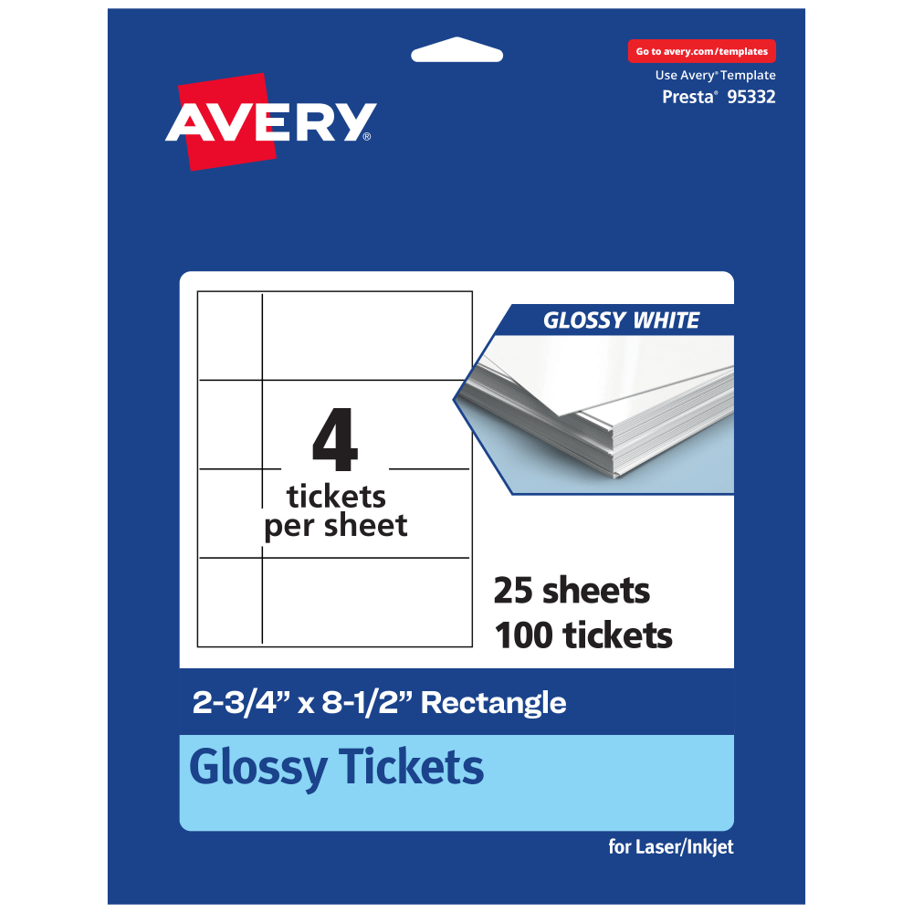Avery® Printable Tickets, 2.75"x8.5", Glossy White,
