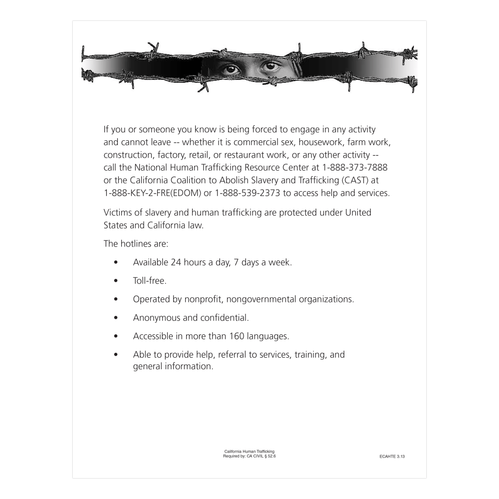 ComplyRight™ State Specialty Poster, Human Trafficking, English,