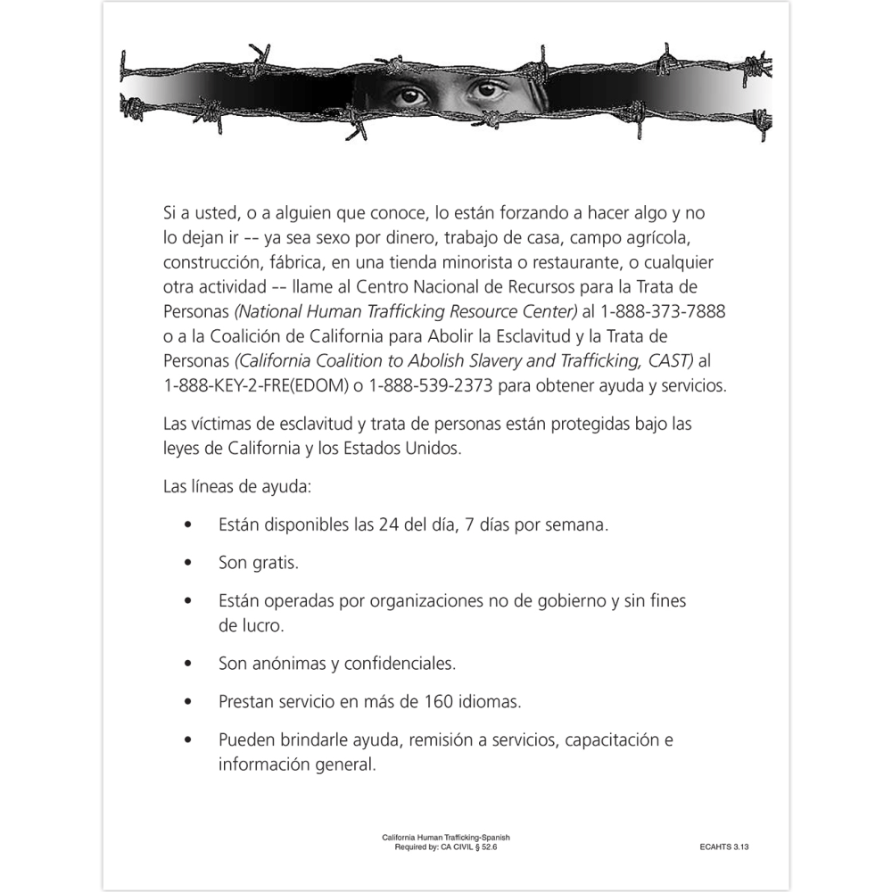 ComplyRight™ State Specialty Poster, Human Trafficking, Spanish,
