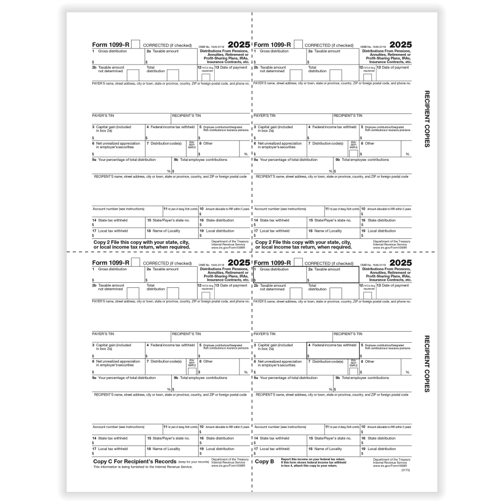 ComplyRight® 1099-R Tax Forms, 4-Up (Box-Format), Copies B,