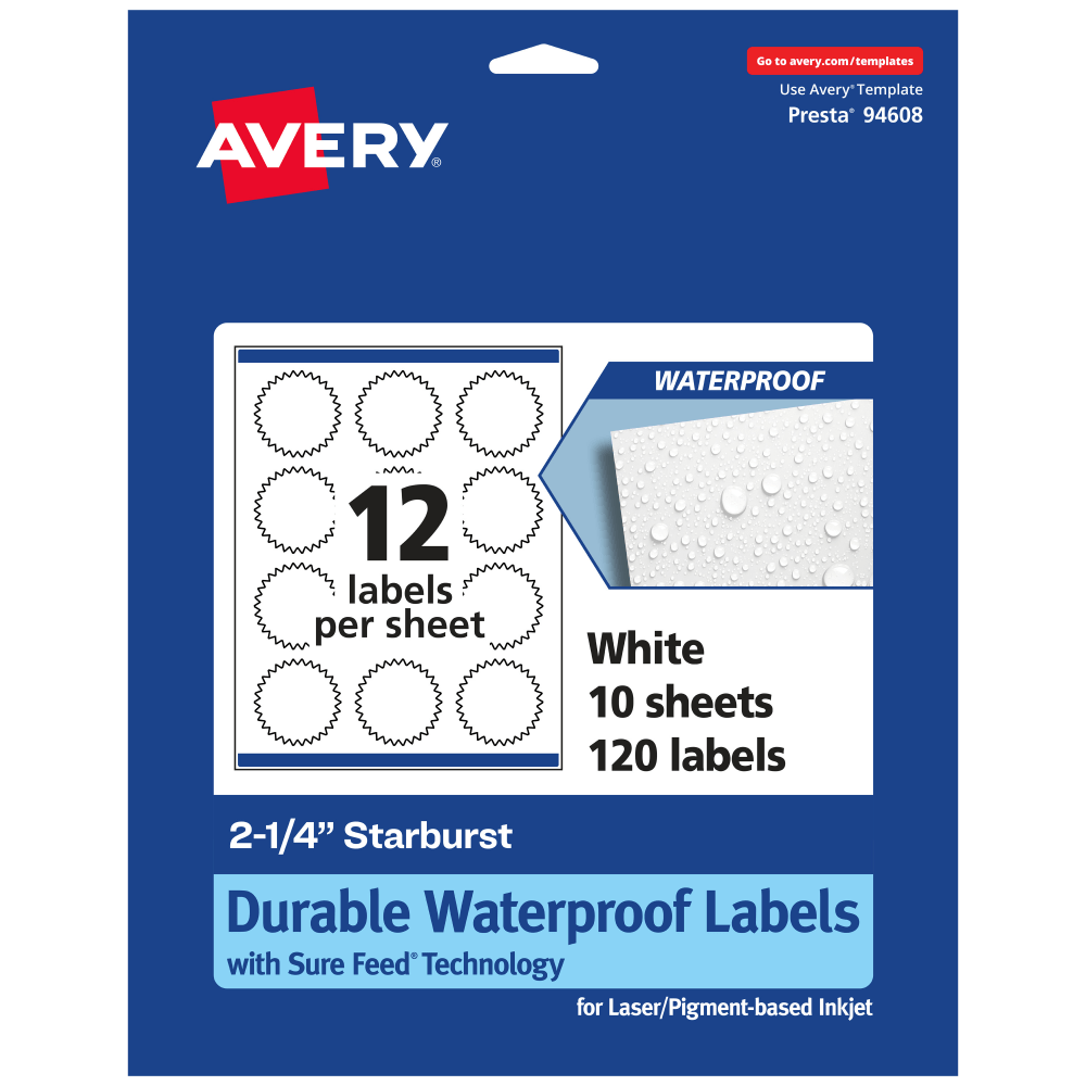 Avery® Waterproof Permanent Labels With Sure Feed®, 94608-WMF10,