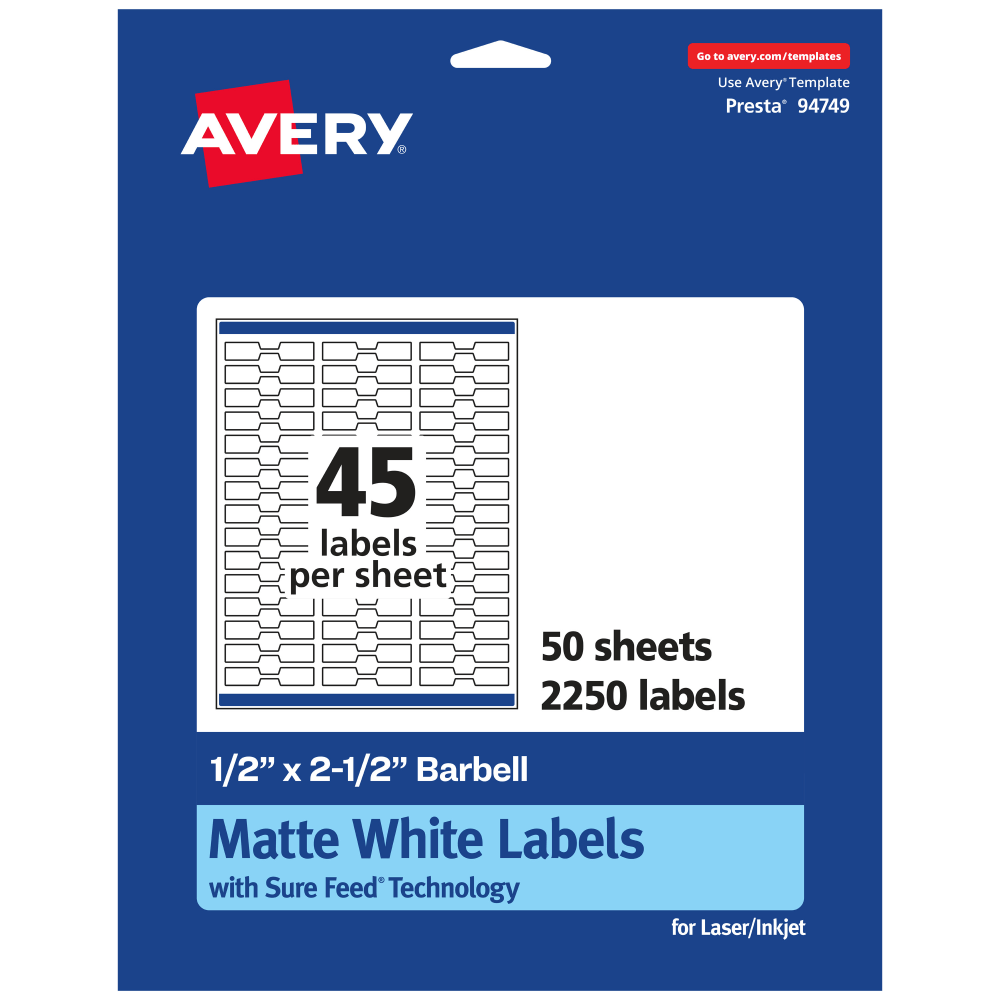 Avery® Permanent Labels With Sure Feed®, 94749-WMP50, Barbell,