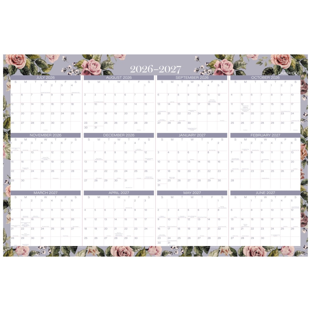 Mead Cambridge® Tea Rose 2026-2027 Erasable Wall Calendar,