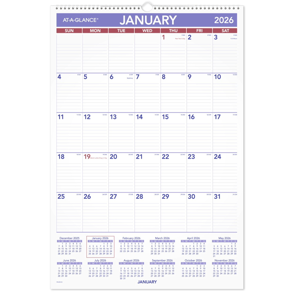 AT-A-GLANCE® 2026 Erasable Monthly Wall Calendar, Large, 15