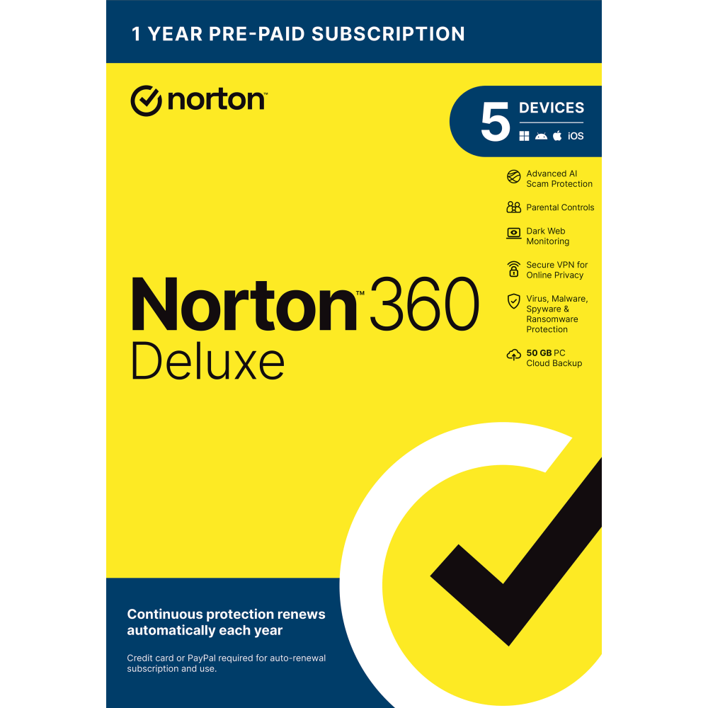 Norton 360 Deluxe, For 5 Devices, PC/Mac, Product