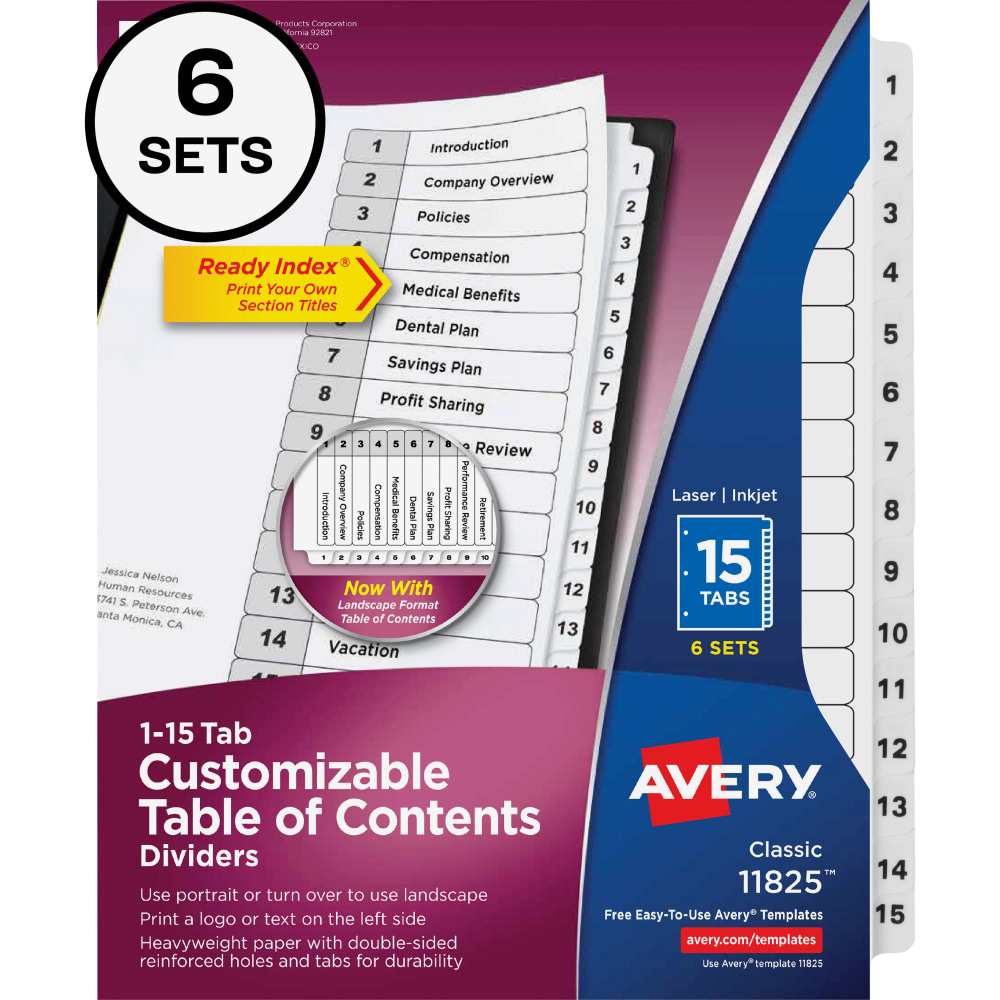 Avery® Ready Index® Dividers, 1-15 Tab & Customizable