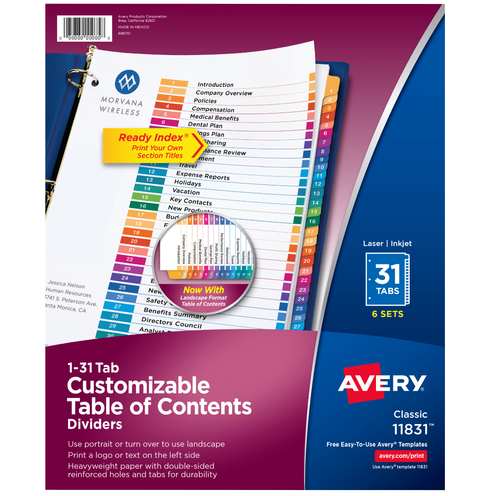 Avery® Ready Index® Binder Dividers, Customizable Table Of
