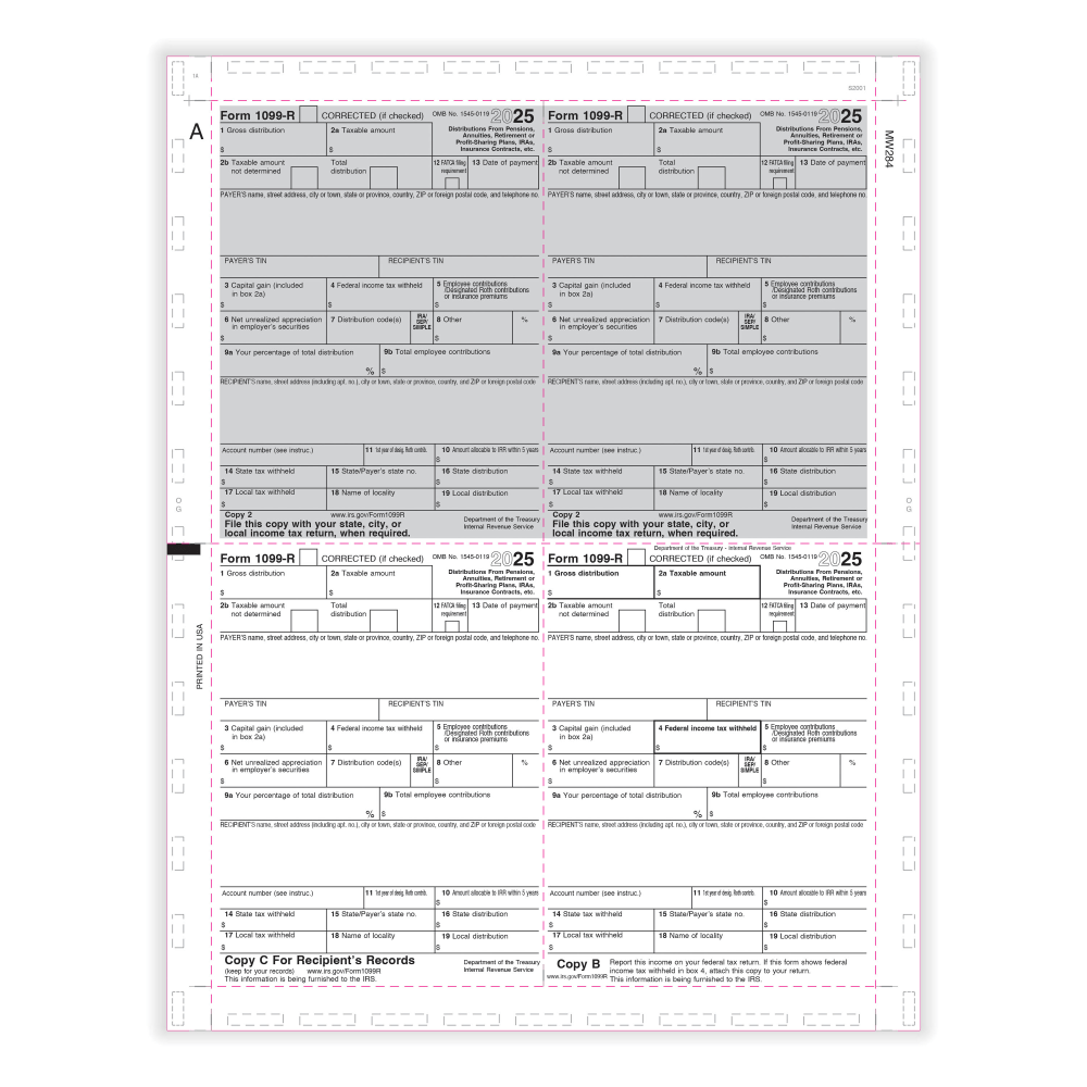 ComplyRight® 1099-R Pressure-Seal Tax Forms, 4-Up, Copy B,