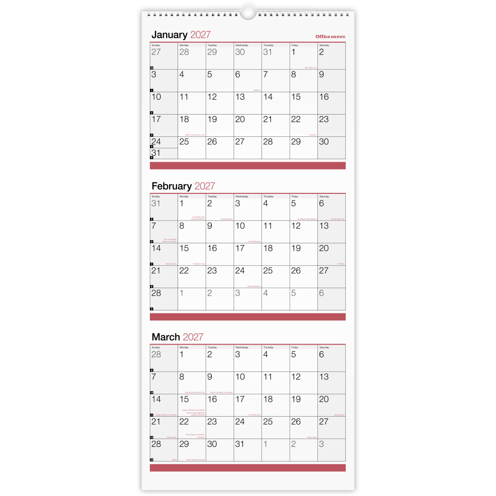 Office Depot Brand 3-Month Monthly Wall Calendar, 12"