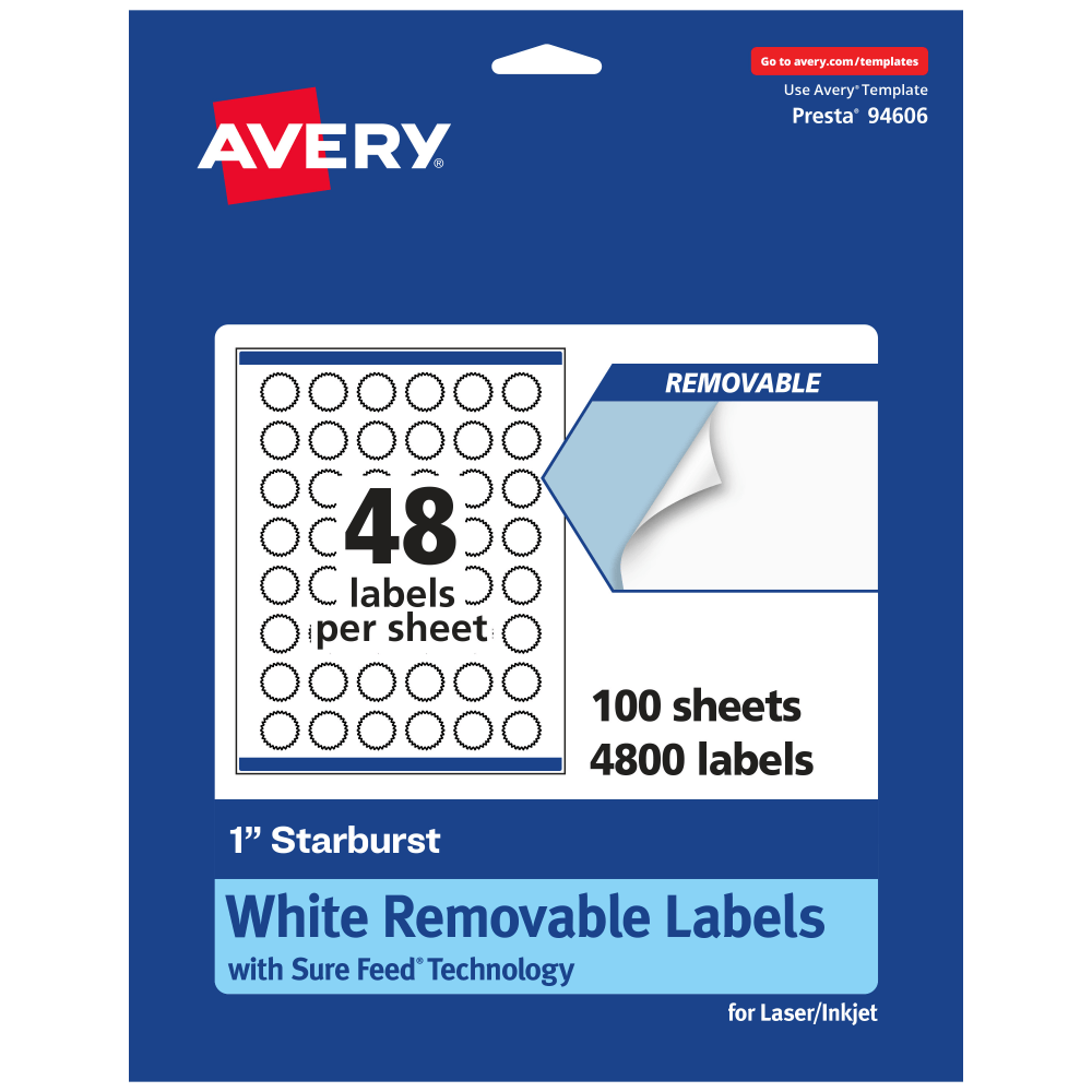 Avery® Removable Labels With Sure Feed®, 94606-RMP100, Starburst,