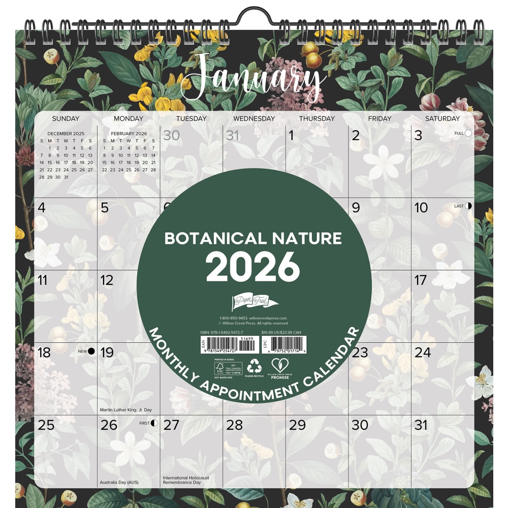 2026-2027 Willow Creek Press Monthly Spiral Wall Calendar,