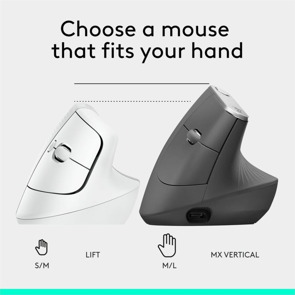 Logitech Lift Vertical Ergonomic Mouse, Wireless, Bluetooth or
