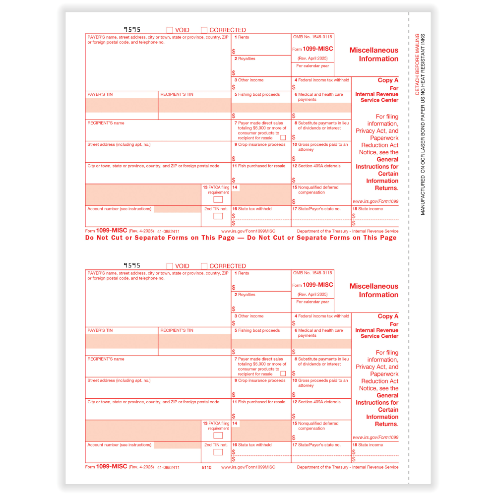 ComplyRight® 1099-MISC Tax Forms, Federal Copy A, 2-Up,