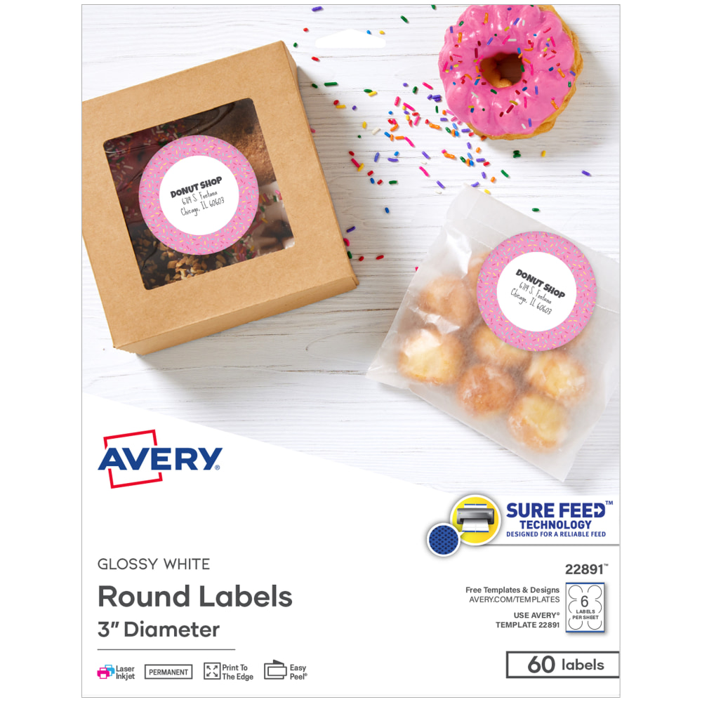 Avery® Print-to-the-Edge Labels, 22891, 3", Glossy White, 6